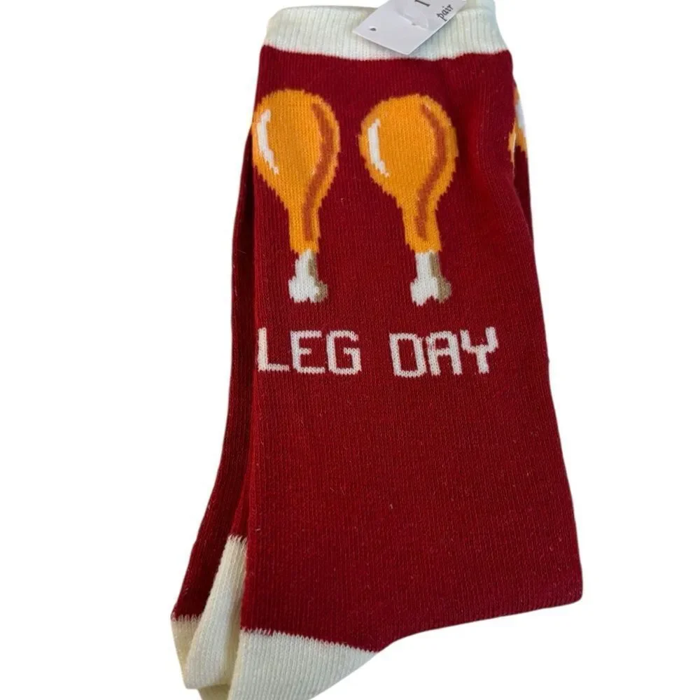 Hilarious Unisex Red & White Leg Day Socks w/ Drumsticks. 🍗 🍗